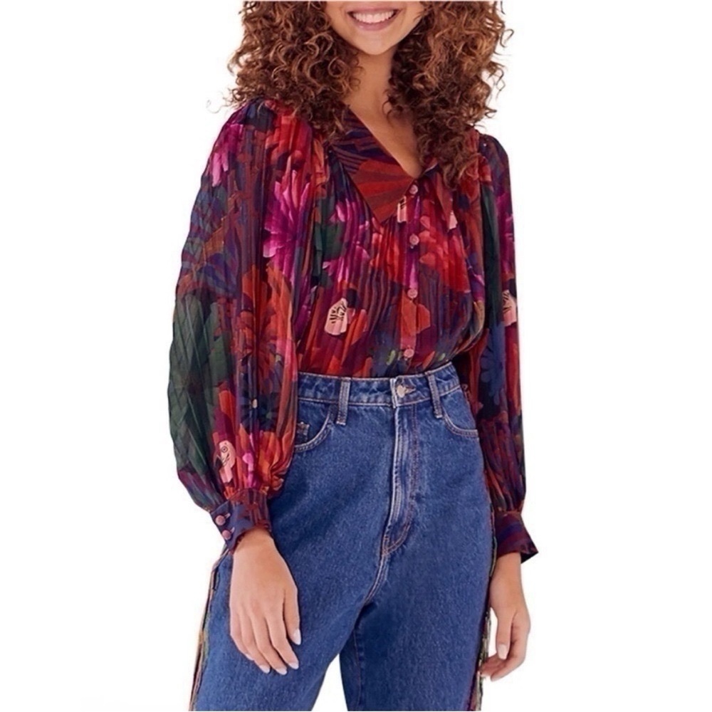 NEW Farm Rio Women’s Bird Flowers Pleated Shirt Multicolor - Picture 2 of 13